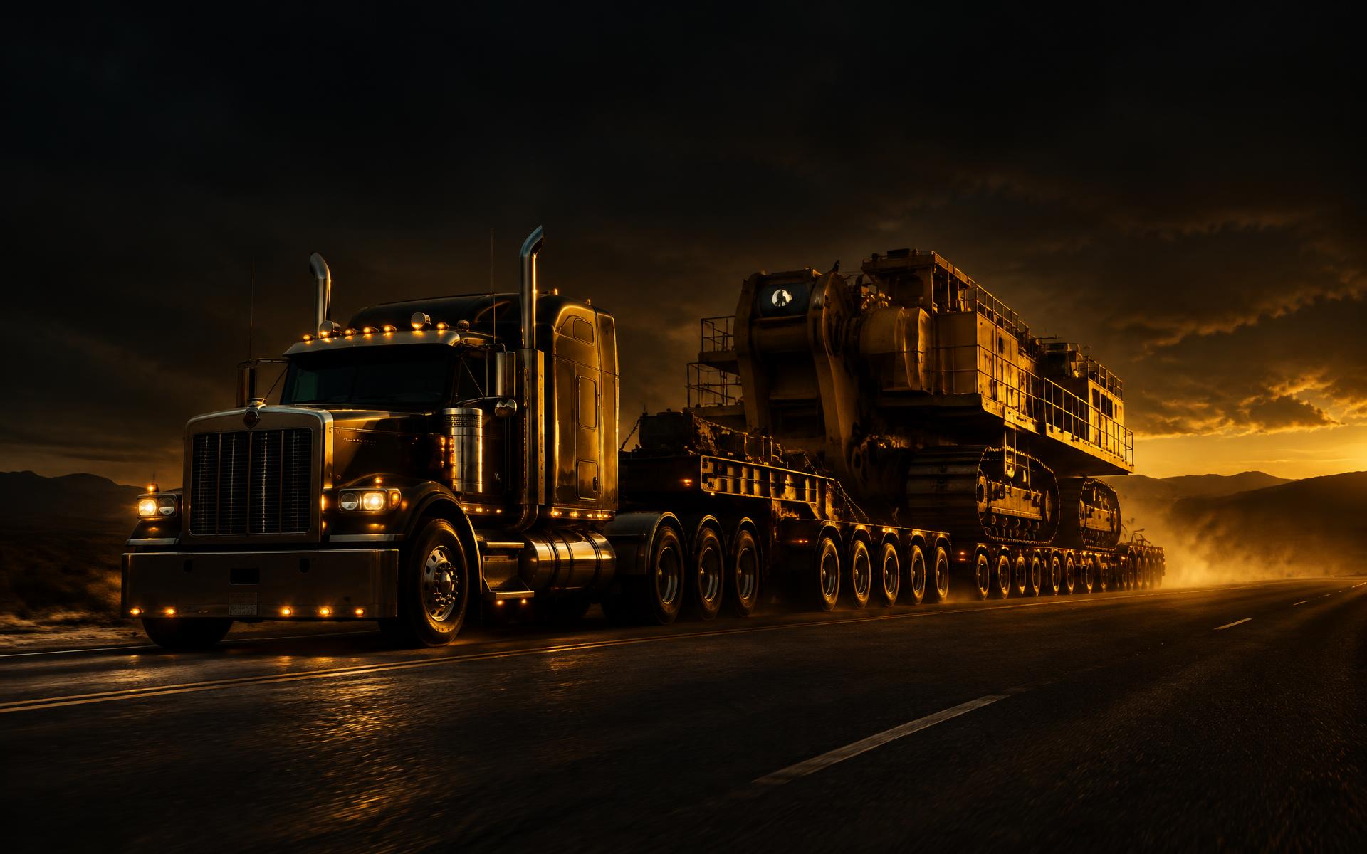 Heavy haul truck transporting oversized industrial equipment at dusk