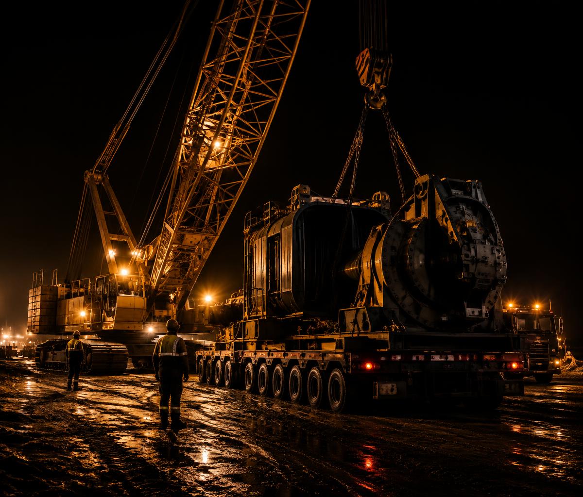 Crane loading heavy machinery onto a specialized trailer at night